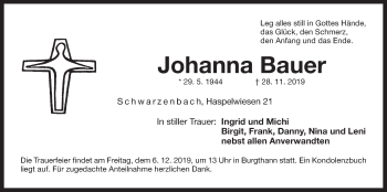 Traueranzeige von Johanna Bauer von Der Bote