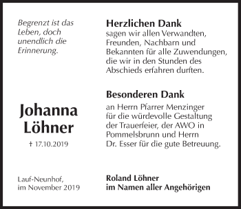 Traueranzeige von Johanna Löhner von Pegnitz-Zeitung