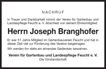 Traueranzeige von Joseph Branghofer von Der Bote