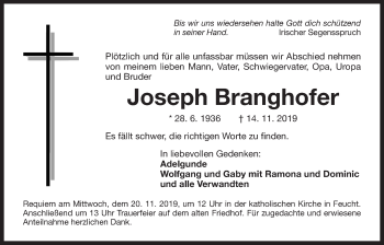 Traueranzeige von Joseph Branghofer von Der Bote