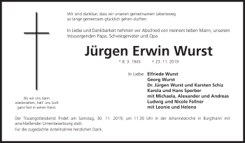 Traueranzeige von Jürgen Erwin Wurst von Der Bote