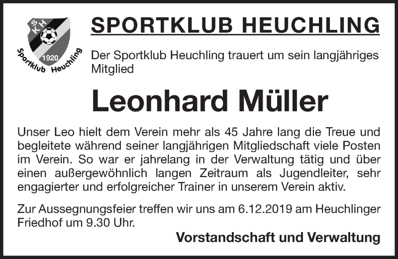  Traueranzeige für Leonhard Müller vom 30.11.2019 aus Pegnitz-Zeitung