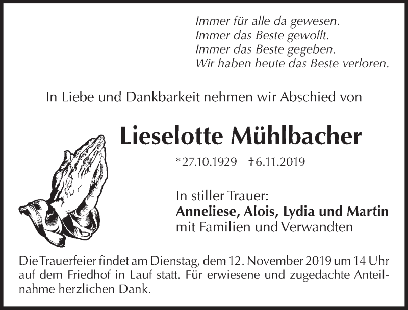  Traueranzeige für Lieselotte Mühlbacher vom 09.11.2019 aus Pegnitz-Zeitung