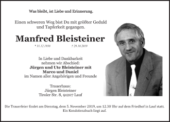 Traueranzeige von Manfred Bleisteiner von Pegnitz-Zeitung