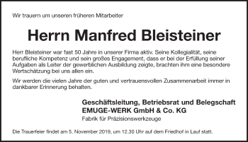 Traueranzeige von Manfred Bleisteiner von Pegnitz-Zeitung