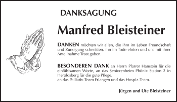 Traueranzeige von Manfred Bleisteiner von Pegnitz-Zeitung