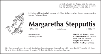 Traueranzeige von Margaretha Stepputtis von Pegnitz-Zeitung