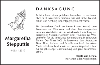 Traueranzeige von Margaretha Stepputtis von Pegnitz-Zeitung