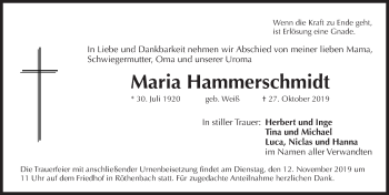 Traueranzeige von Maria Hammerschmidt von Pegnitz-Zeitung