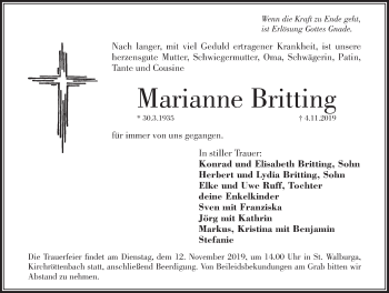 Traueranzeige von Marianne Britting von Pegnitz-Zeitung