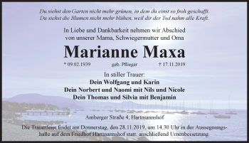 Traueranzeige von Marianne Maxa von Hersbrucker Zeitung