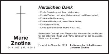 Traueranzeige von Marie Znotins von Der Bote
