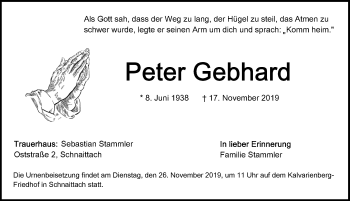 Traueranzeige von Peter Gebhard von Pegnitz-Zeitung