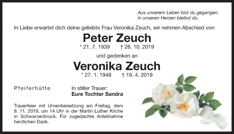  Traueranzeige für Peter und Veronika Zeuch vom 06.11.2019 aus Der Bote