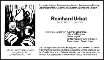 Traueranzeige von Reinhard Urbat von Hersbrucker Zeitung