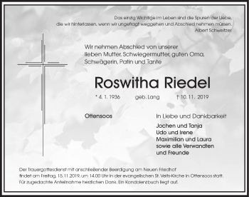 Traueranzeige von Roswitha Riedel von Pegnitz-Zeitung