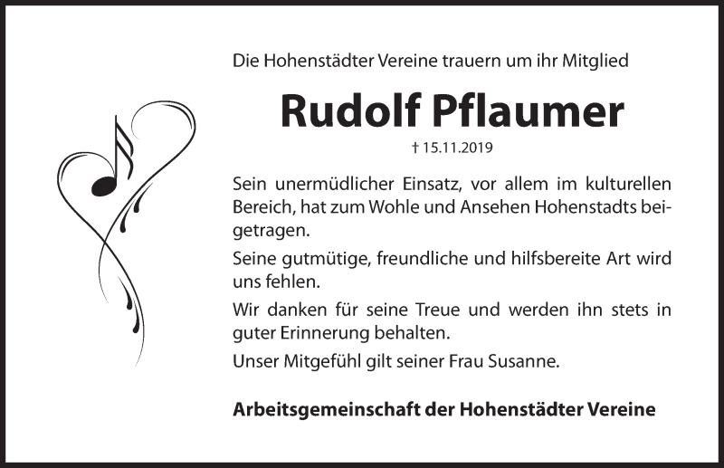  Traueranzeige für Rudolf Pflaumer vom 20.11.2019 aus Hersbrucker Zeitung