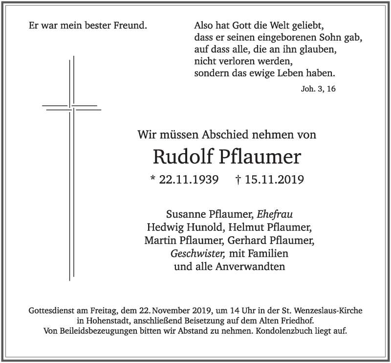  Traueranzeige für Rudolf Pflaumer vom 20.11.2019 aus Hersbrucker Zeitung