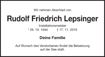 Traueranzeige von Rudolf Friedrich Lepsinger von Der Bote