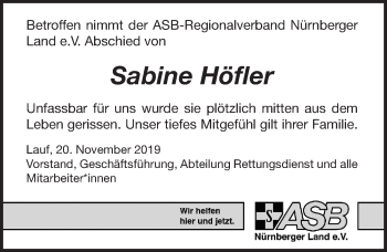 Traueranzeige von Sabine Höfler von Pegnitz-Zeitung
