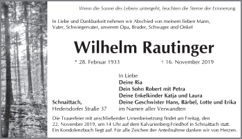 Traueranzeige von Wilhelm Rautinger von Pegnitz-Zeitung