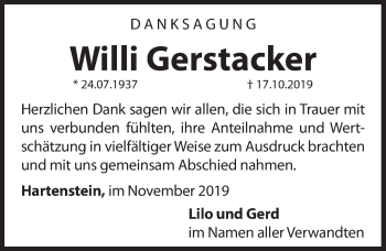 Traueranzeige von Willi Gerstacker von Hersbrucker Zeitung