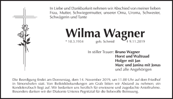 Traueranzeige von Wilma Wagner von Pegnitz-Zeitung