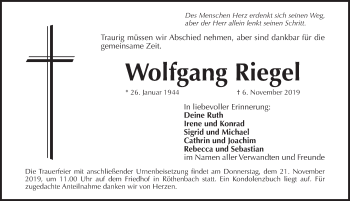 Traueranzeige von Wolfgang Riegel von Pegnitz-Zeitung