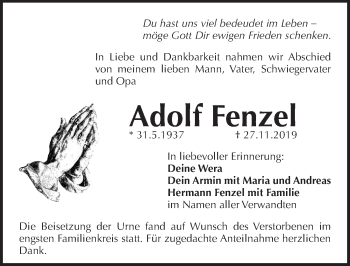 Traueranzeige von Adolf Fenzel von Pegnitz-Zeitung