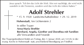 Traueranzeige von Adolf Strehler von Hersbrucker Zeitung
