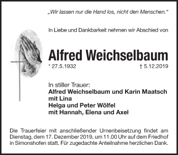 Traueranzeige von Alfred Weichselbaum von Pegnitz-Zeitung