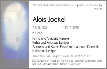 Traueranzeige von Alois Jockel von Pegnitz-Zeitung