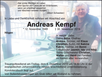 Traueranzeige von Andreas Kempf von Hersbrucker Zeitung