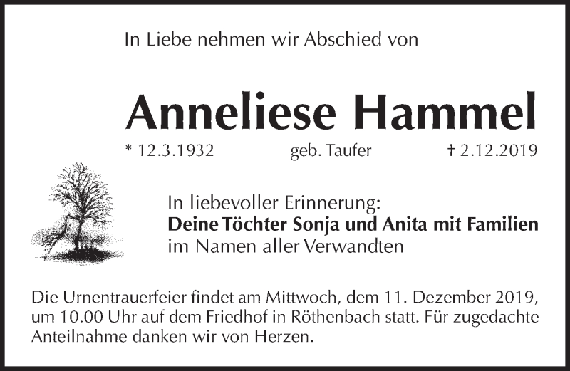  Traueranzeige für Anneliese Hammel vom 07.12.2019 aus Pegnitz-Zeitung