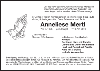 Traueranzeige von Anneliese Mertl von Der Bote