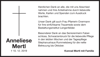 Traueranzeige von Anneliese Mertl von Der Bote