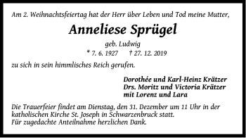 Traueranzeige von Anneliese Sprügel von Der Bote