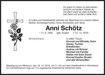 Traueranzeige von Anni Schötz von Der Bote