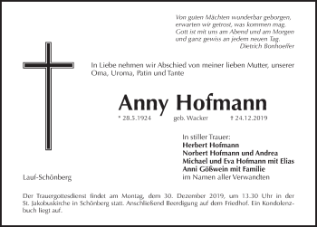 Traueranzeige von Anny Hofmann von Pegnitz-Zeitung