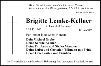 Traueranzeige von Brigitte Lemke-Kellner von Pegnitz-Zeitung