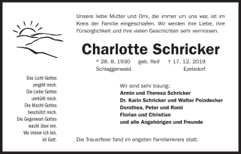 Traueranzeige von Charlotte Schricker von Der Bote