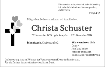 Traueranzeige von Christa Schuster von Pegnitz-Zeitung