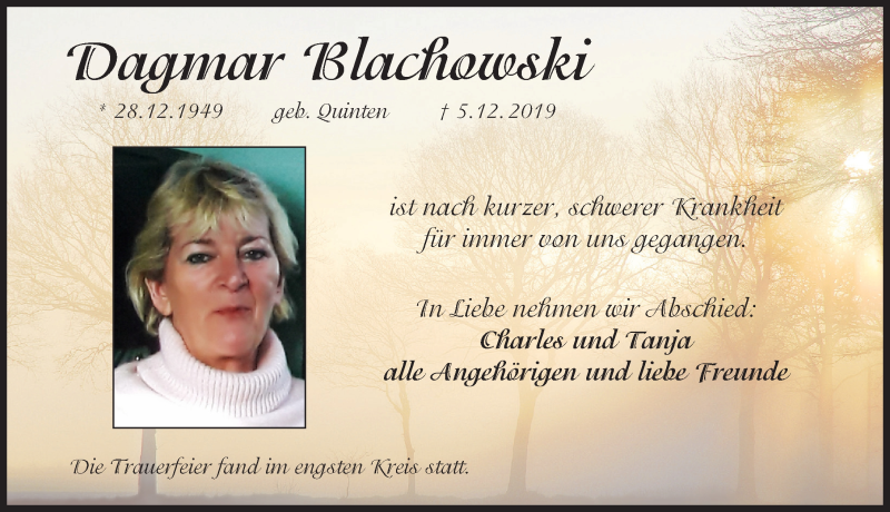  Traueranzeige für Dagmar Blachowski vom 21.12.2019 aus Pegnitz-Zeitung