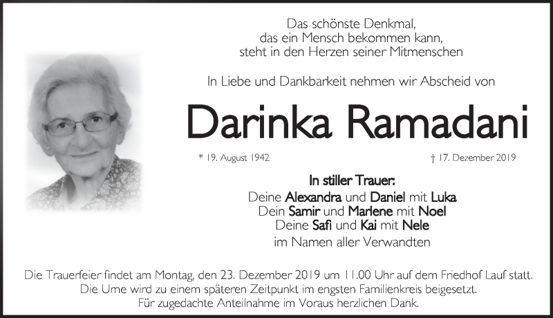  Traueranzeige für Darinka Ramadani vom 21.12.2019 aus Pegnitz-Zeitung