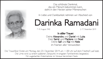 Traueranzeige von Darinka Ramadani von Pegnitz-Zeitung