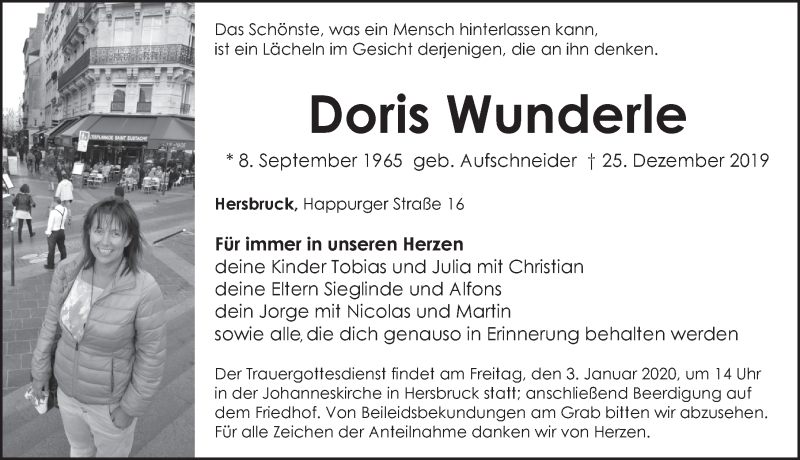  Traueranzeige für Doris Wunderle vom 31.12.2019 aus Hersbrucker Zeitung