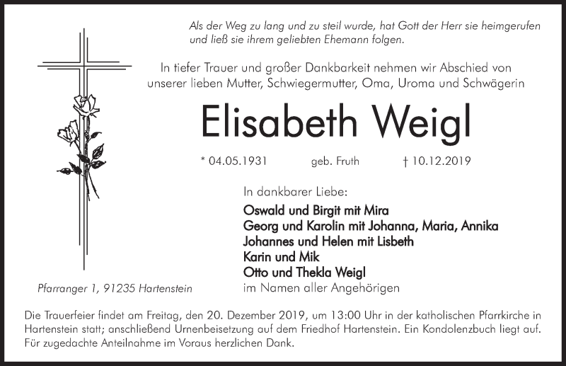  Traueranzeige für Elisabeth Weigl vom 14.12.2019 aus Hersbrucker Zeitung