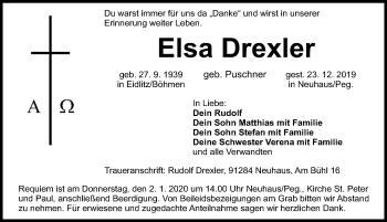 Traueranzeige von Elsa Drexler von Hersbrucker Zeitung