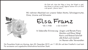 Traueranzeige von Elsa Franz von Pegnitz-Zeitung