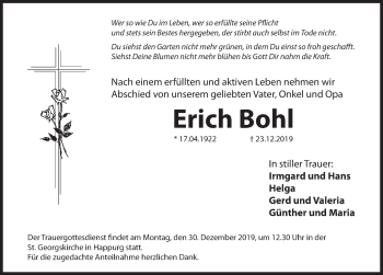 Traueranzeige von Erich Bohl von Hersbrucker Zeitung